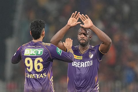 Andre Russell celebrates Pat Cummins wicket